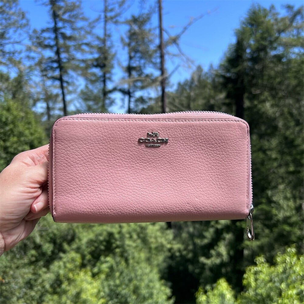COACH Long Zip-Around Wallet PINK Pebble Leather with Silver Hardware AUTHENTIC
